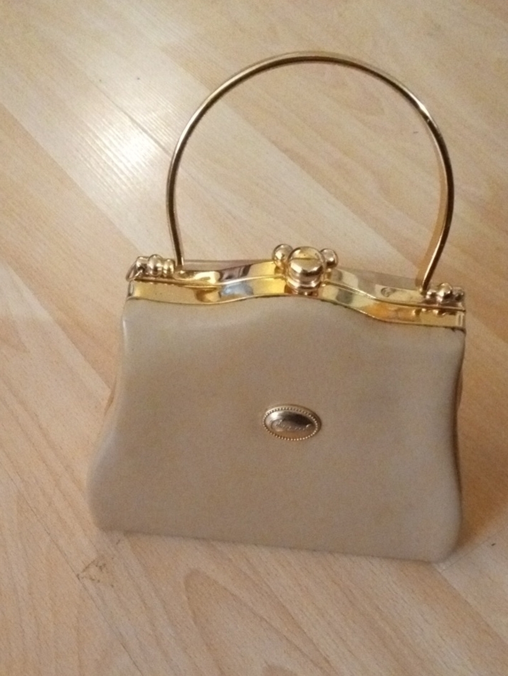 Cream Mini Top-Handle Bag with Gold Trim